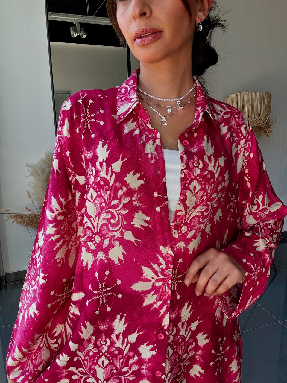 Robe Chemise Longue Fuchsia à Imprimé Ornemental