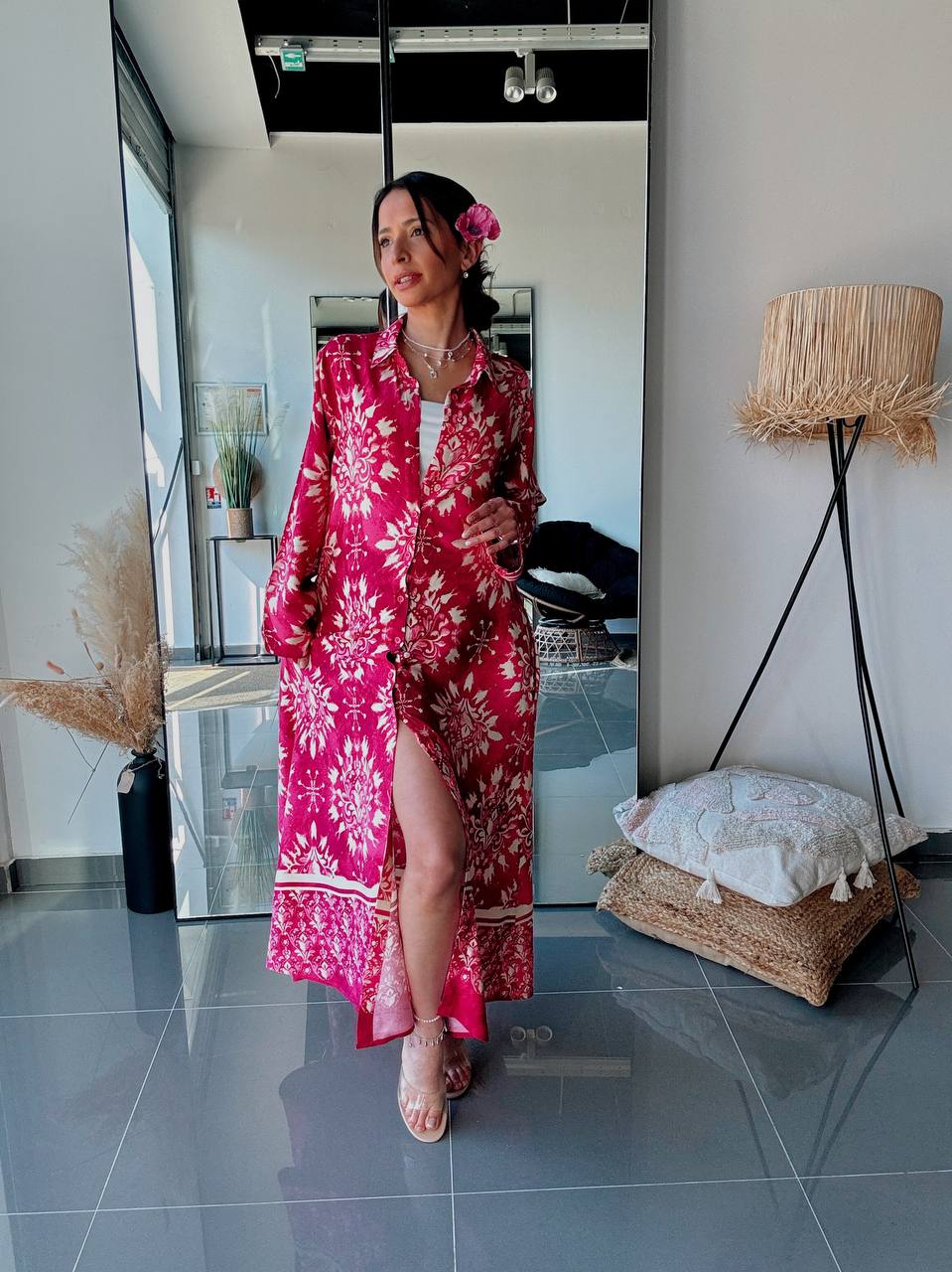 Robe Chemise Longue Fuchsia à Imprimé Ornemental