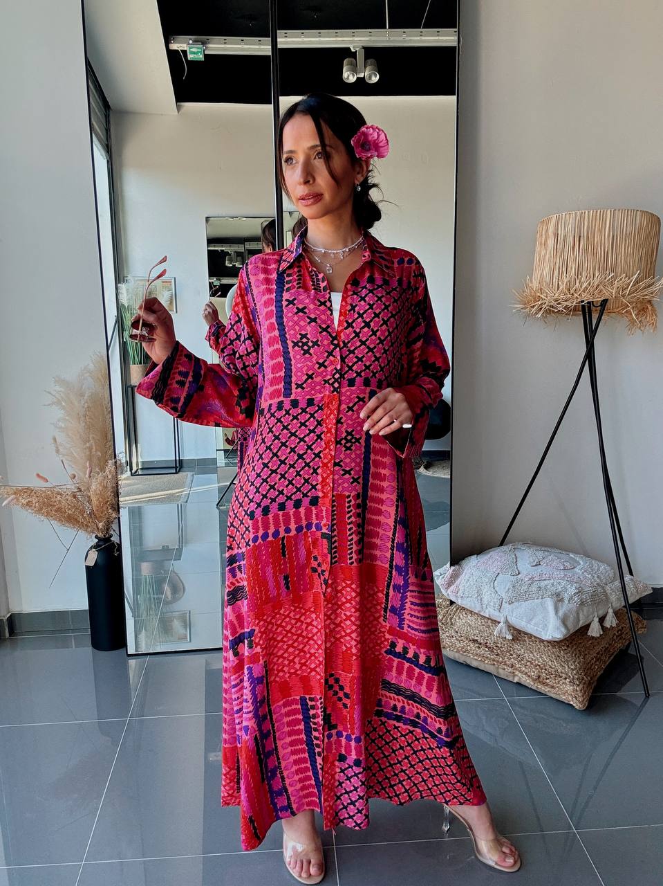 Robe Chemise Longue Fluide Imprimé Patchwork Fuchsia