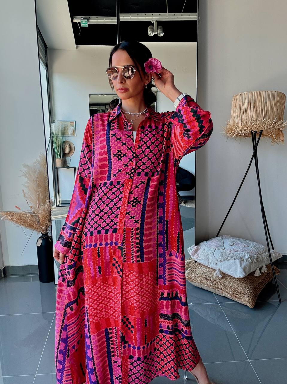 Robe Chemise Longue Fluide Imprimé Patchwork Fuchsia