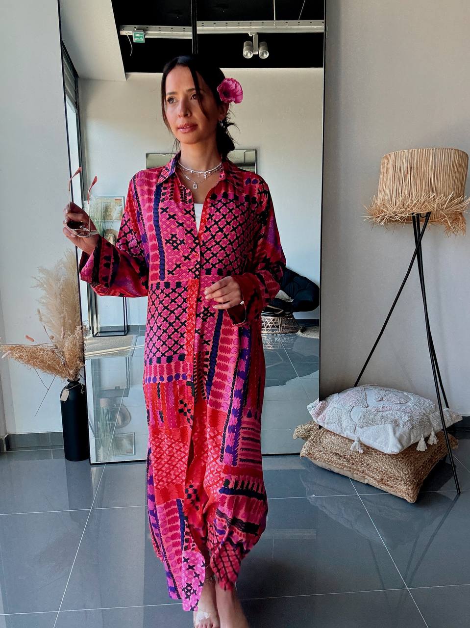 Robe Chemise Longue Fluide Imprimé Patchwork Fuchsia
