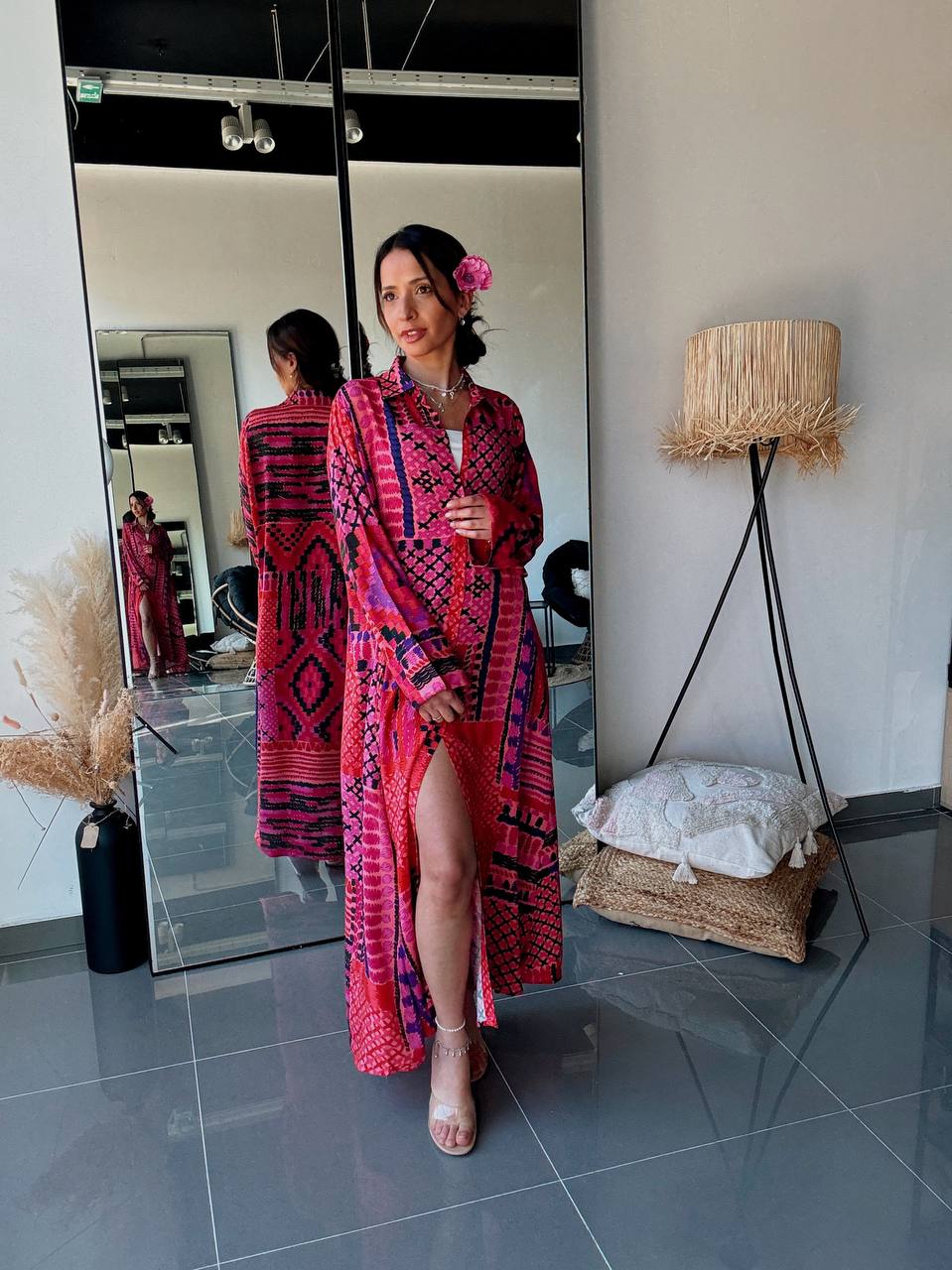 Robe Chemise Longue Fluide Imprimé Patchwork Fuchsia