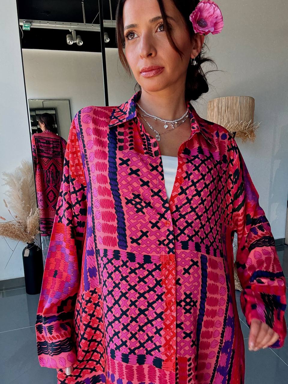 Robe Chemise Longue Fluide Imprimé Patchwork Fuchsia