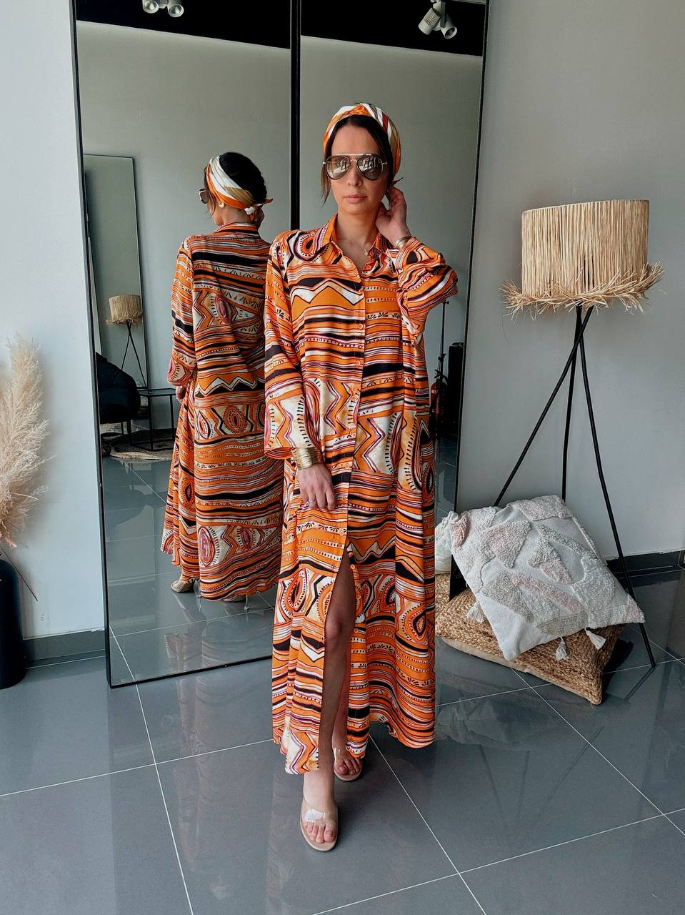 Robe Chemise Longue Imprimé Ethnique Orange