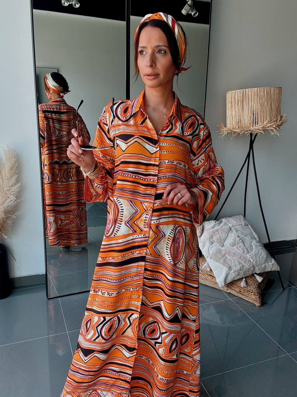 Robe Chemise Longue Imprimé Ethnique Orange
