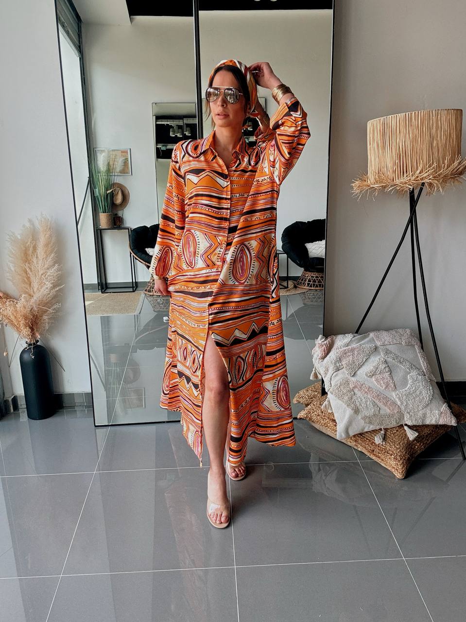 Robe Chemise Longue Imprimé Ethnique Orange