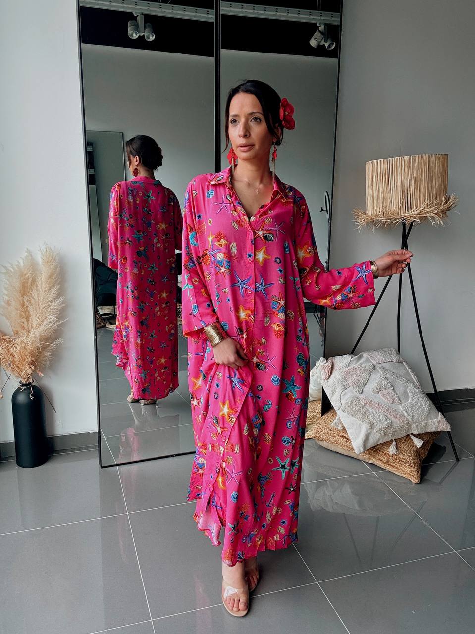 Robe Chemise Longue Imprimé Marin Rose Fuchsia