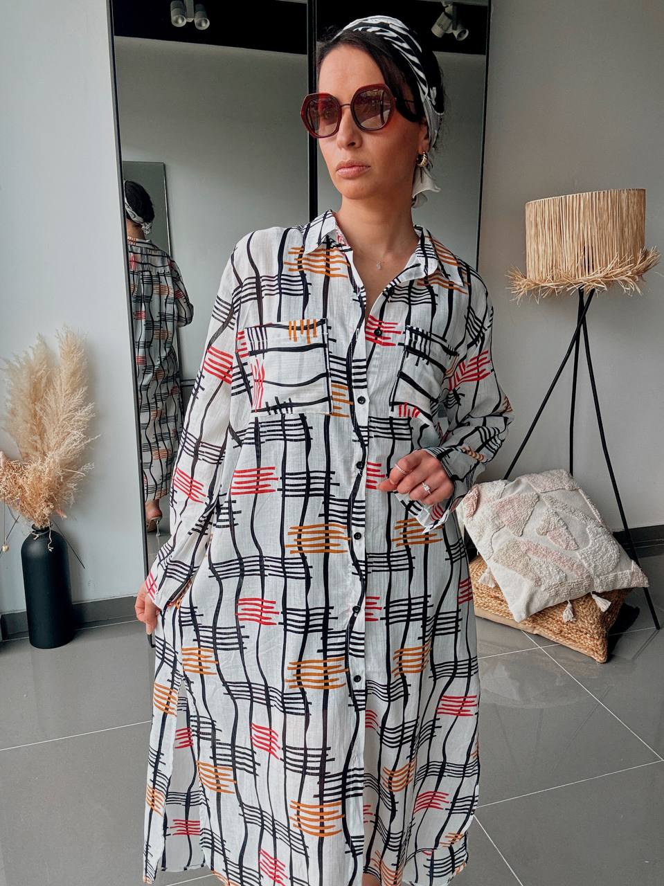 Robe Chemise Longue Graphique Blanc & Noir
