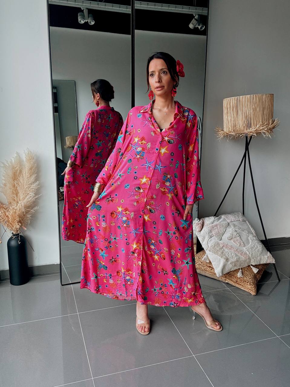 Robe Chemise Longue Imprimé Marin Rose Fuchsia