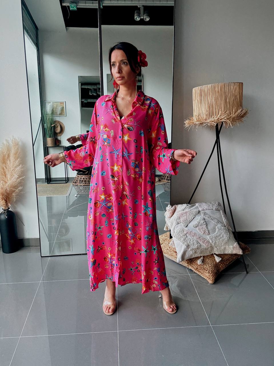 Robe Chemise Longue Imprimé Marin Rose Fuchsia