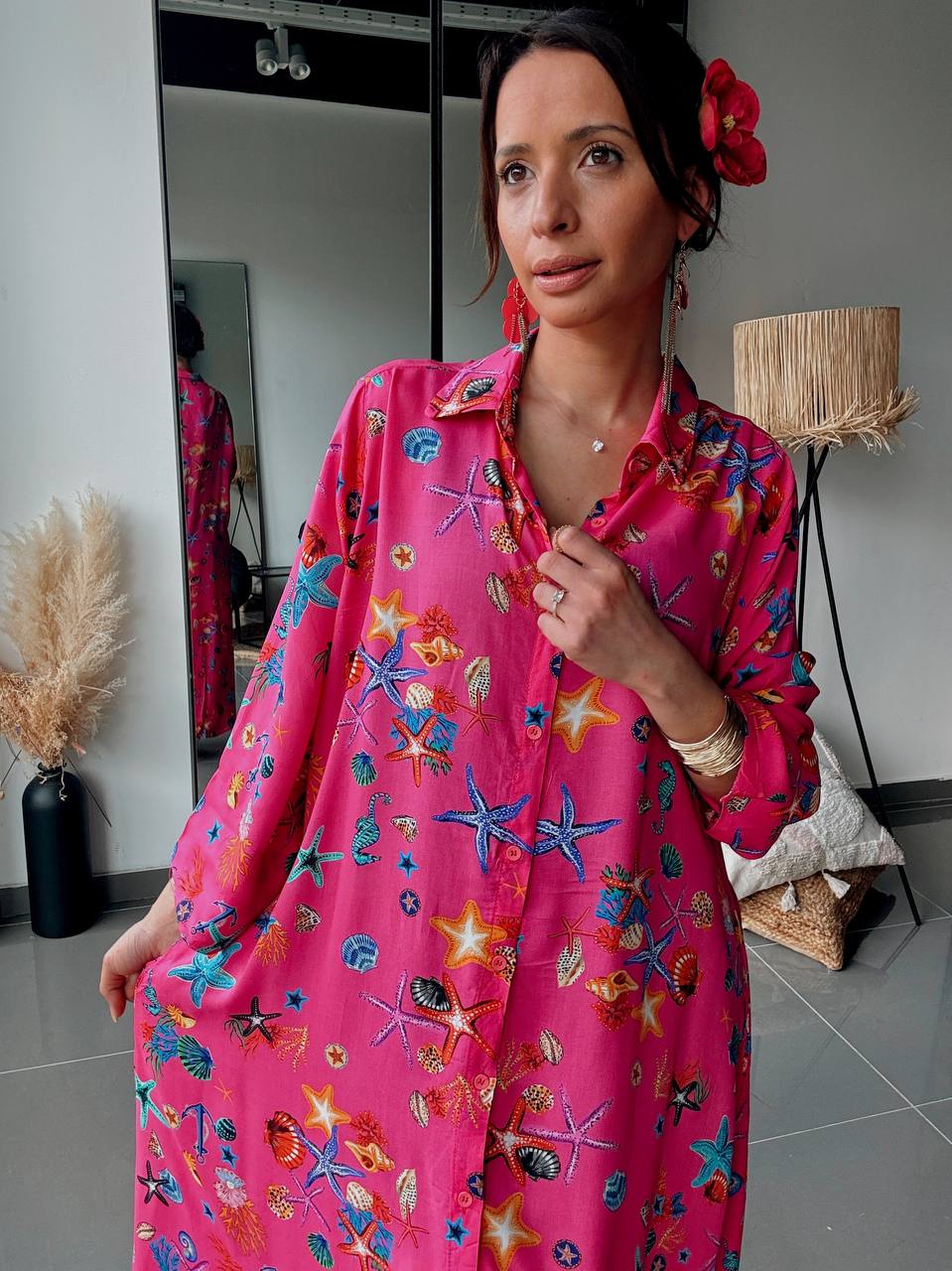 Robe Chemise Longue Imprimé Marin Rose Fuchsia
