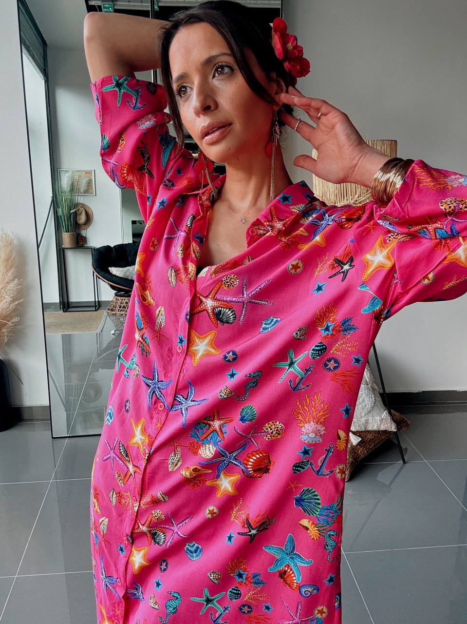 Robe Chemise Longue Imprimé Marin Rose Fuchsia