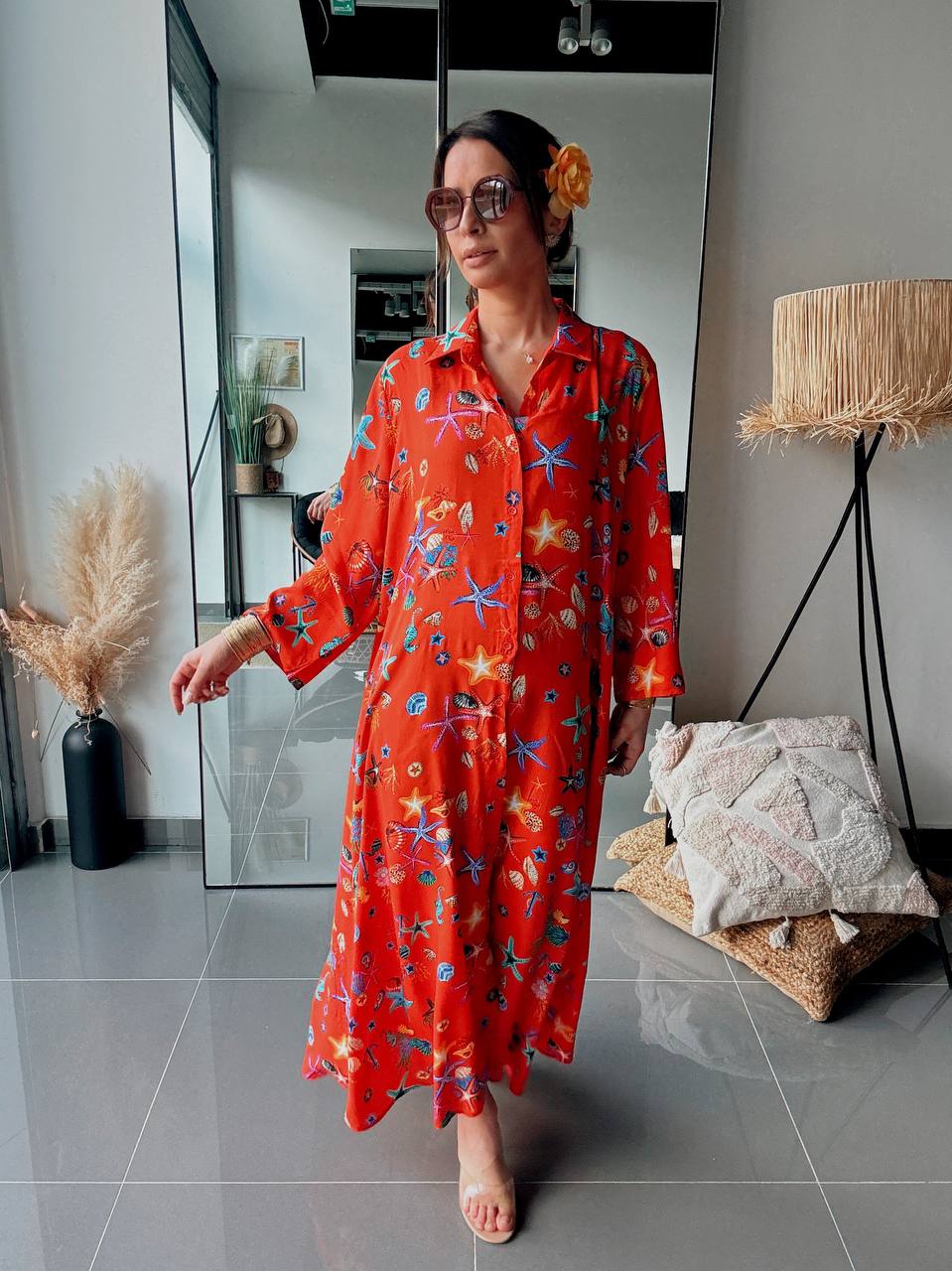 Robe Chemise Longue Imprimé Marin Corail