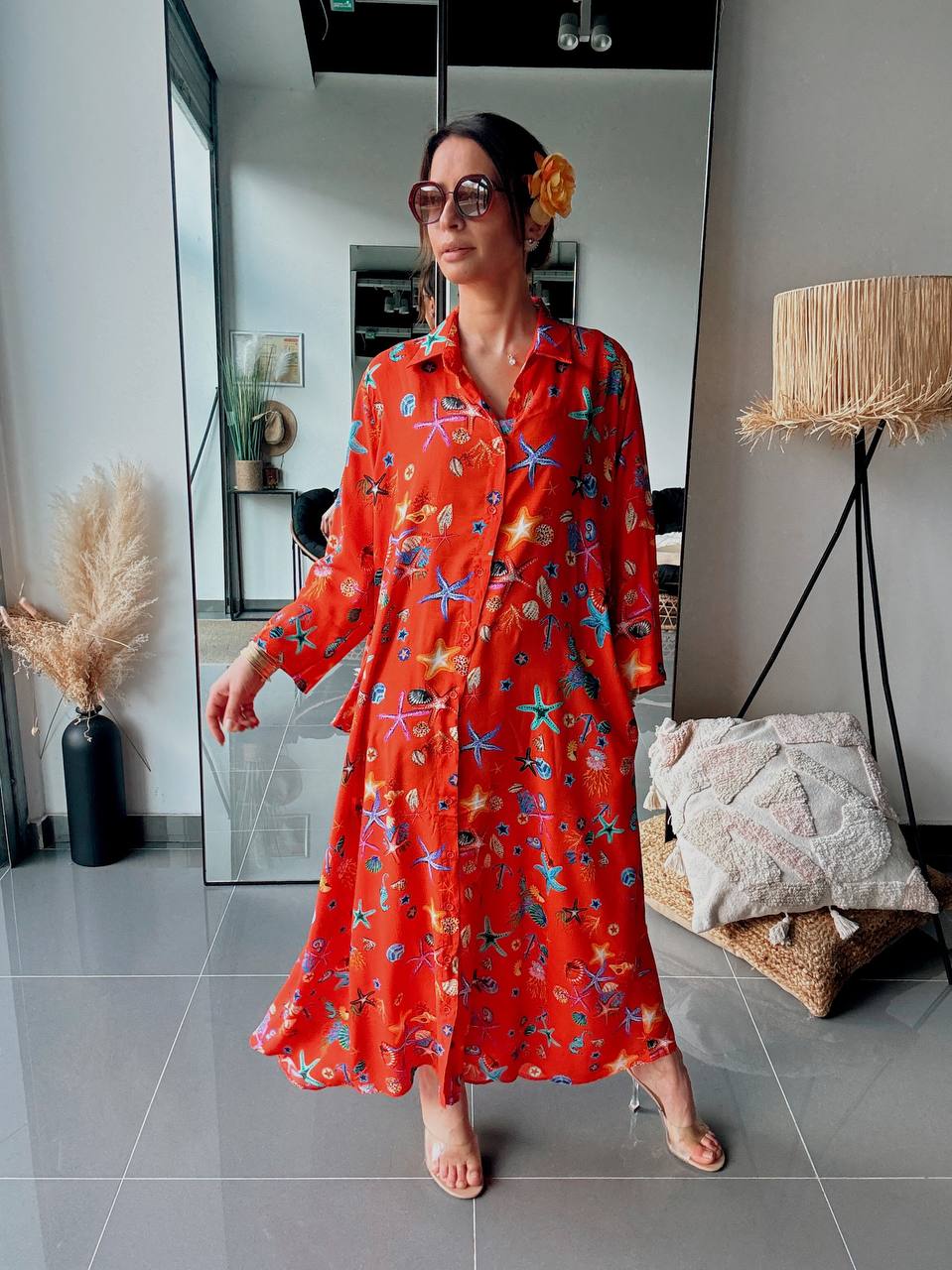Robe Chemise Longue Imprimé Marin Corail