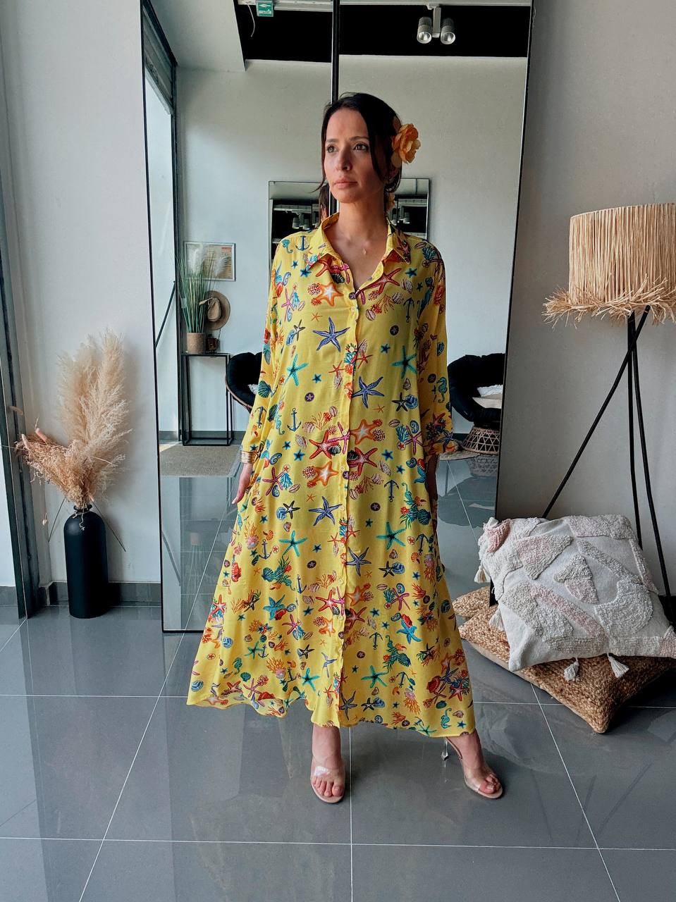 Robe Chemise Longue Imprimé Marin Jaune Soleil