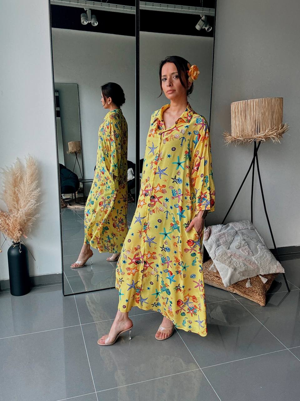 Robe Chemise Longue Imprimé Marin Jaune Soleil