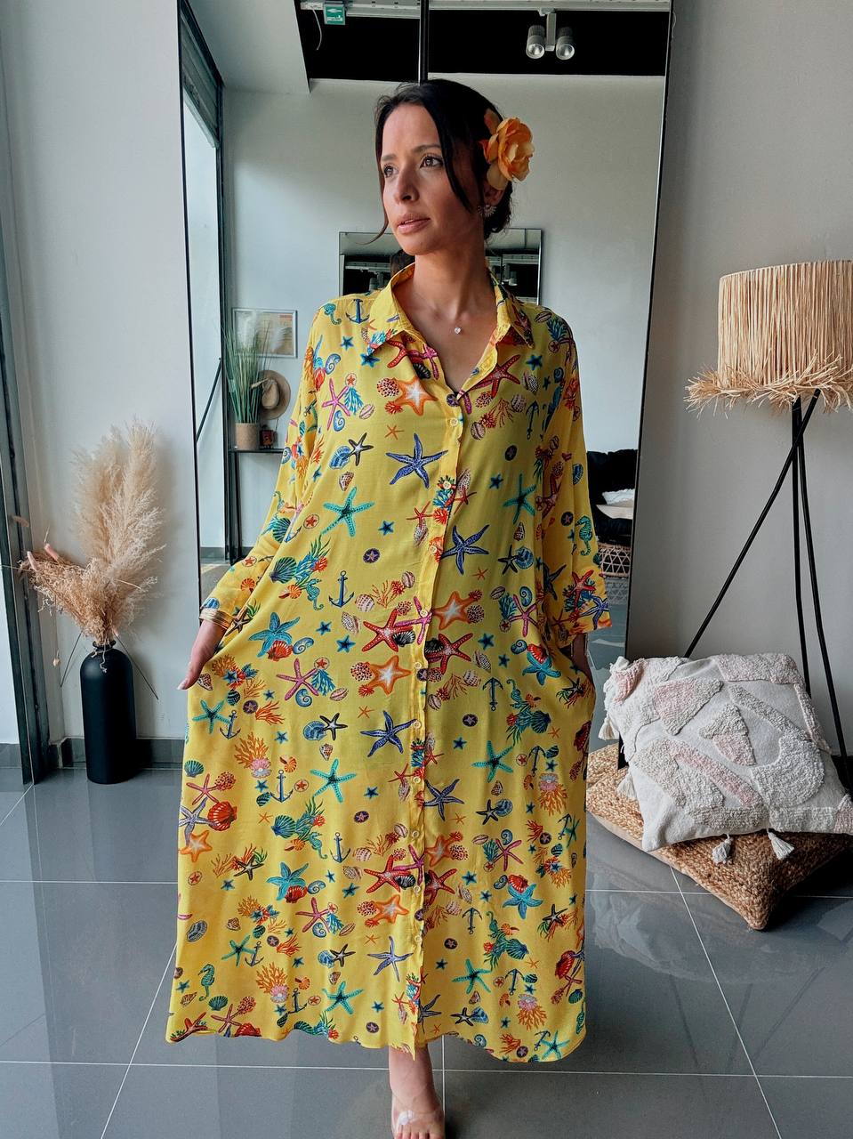 Robe Chemise Longue Imprimé Marin Jaune Soleil