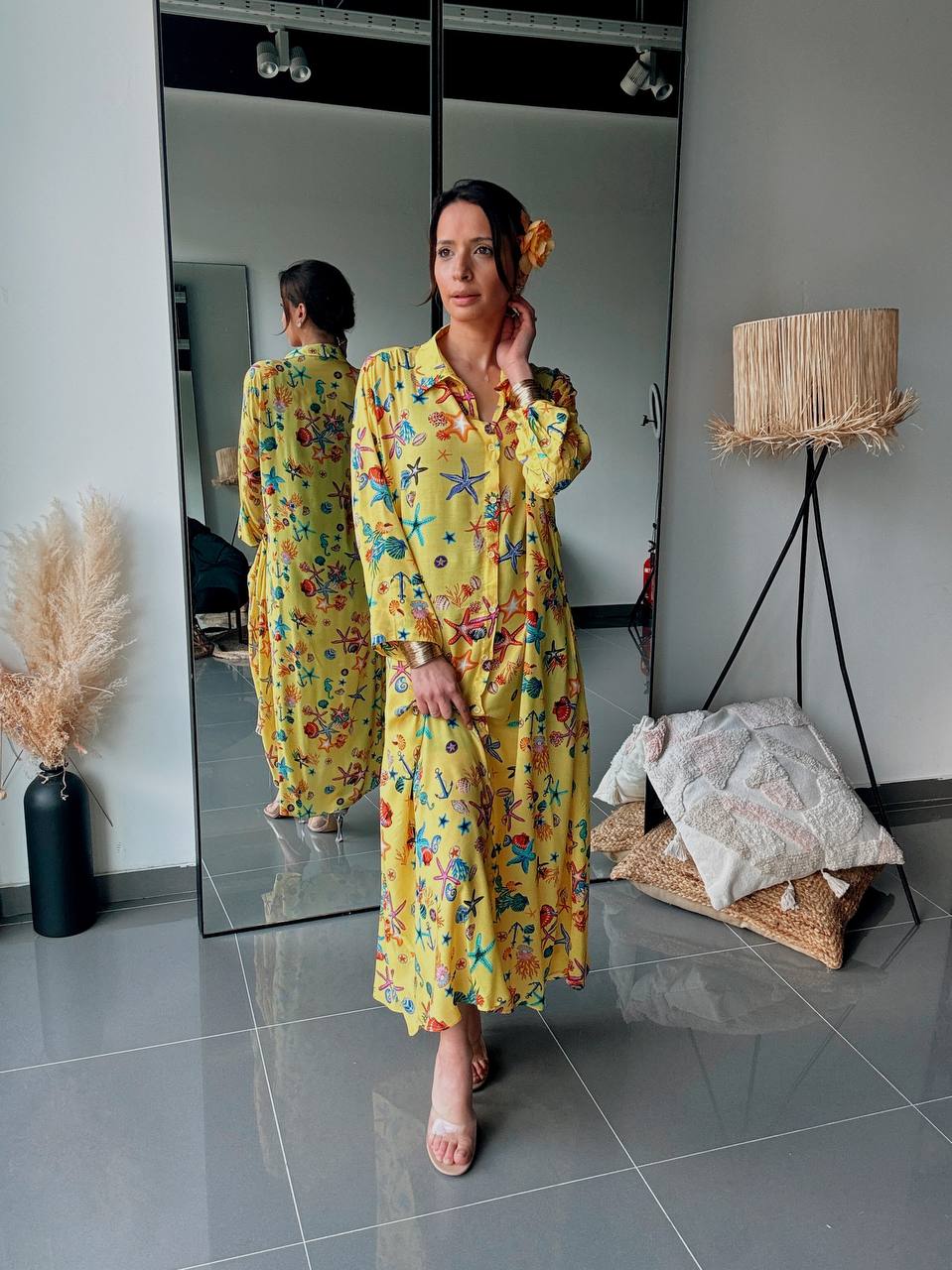 Robe Chemise Longue Imprimé Marin Jaune Soleil