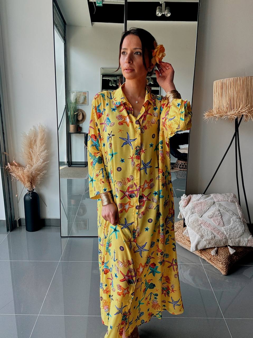 Robe Chemise Longue Imprimé Marin Jaune Soleil