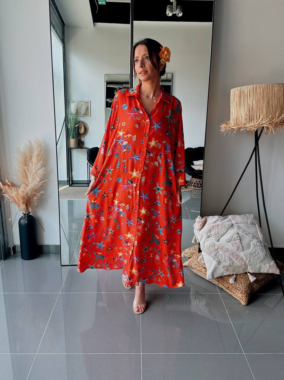 Robe Chemise Longue Imprimé Marin Corail