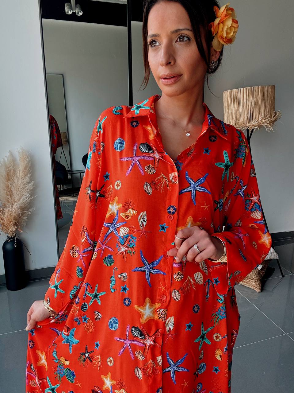 Robe Chemise Longue Imprimé Marin Corail