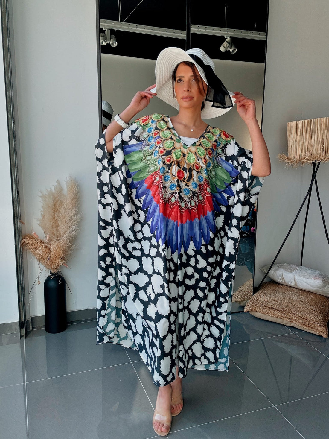 Robe Kaftan Oversize Imprimé Plumes & Bijoux