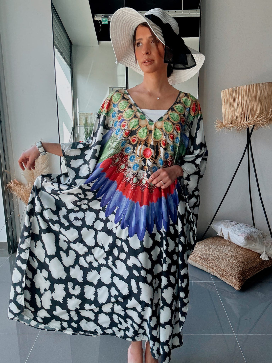 Robe Kaftan Oversize Imprimé Plumes & Bijoux