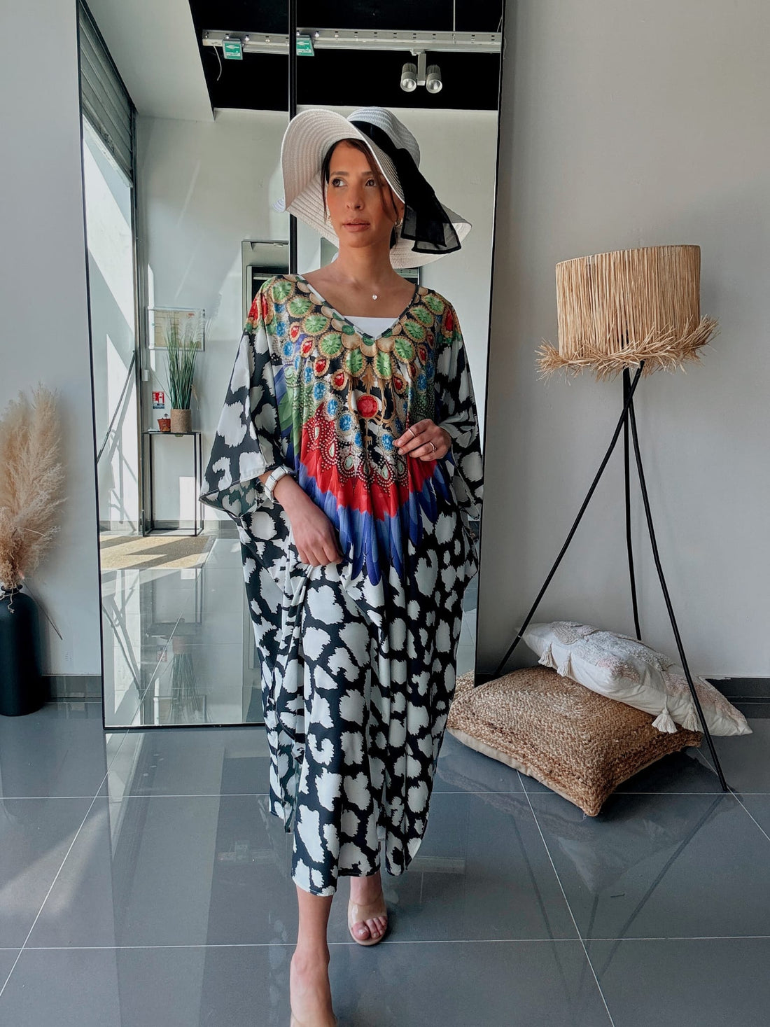 Robe Kaftan Oversize Imprimé Plumes & Bijoux