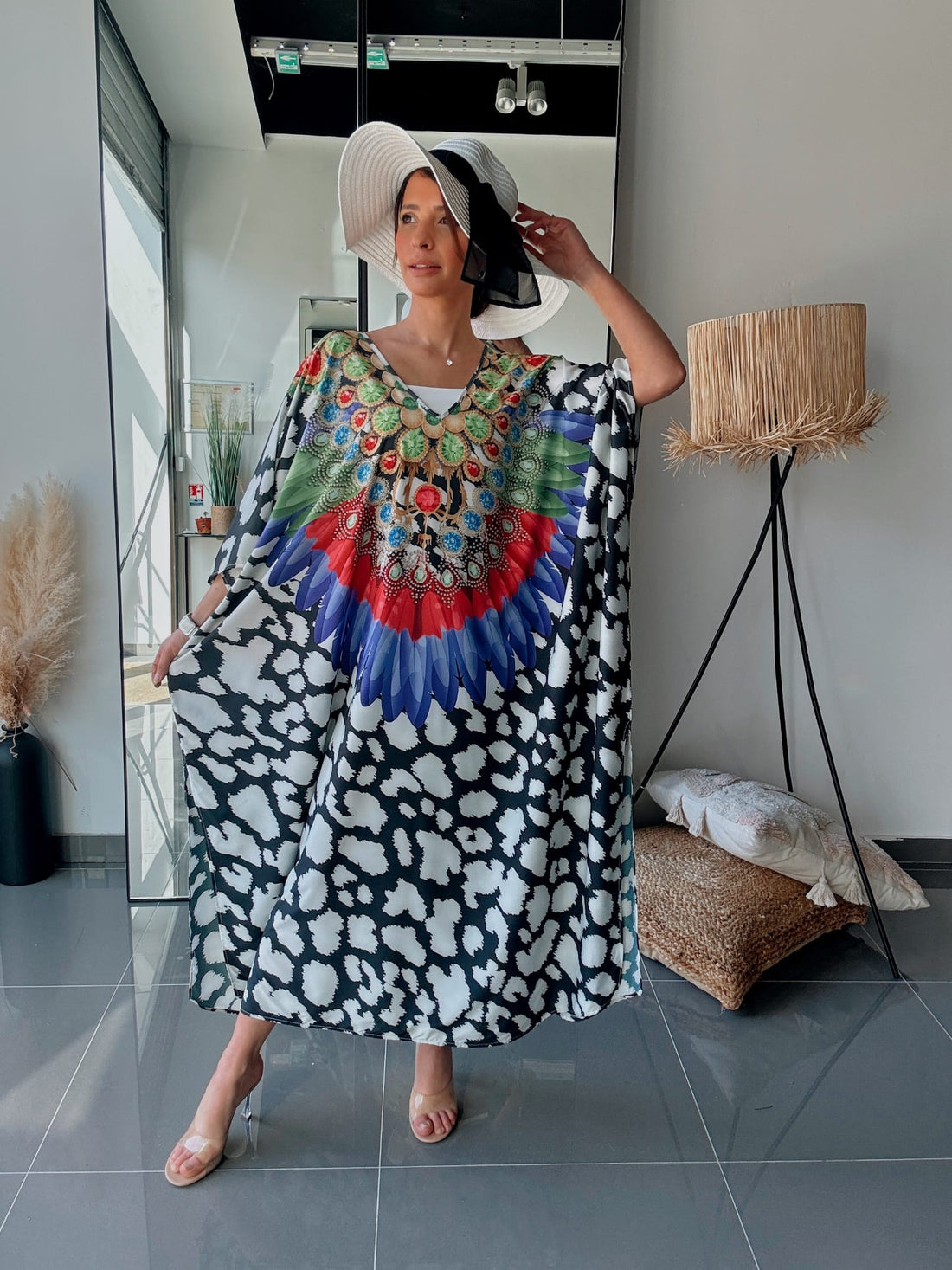 Robe Kaftan Oversize Imprimé Plumes & Bijoux