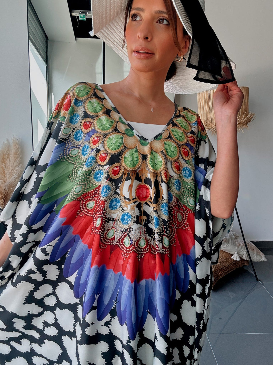 Robe Kaftan Oversize Imprimé Plumes & Bijoux