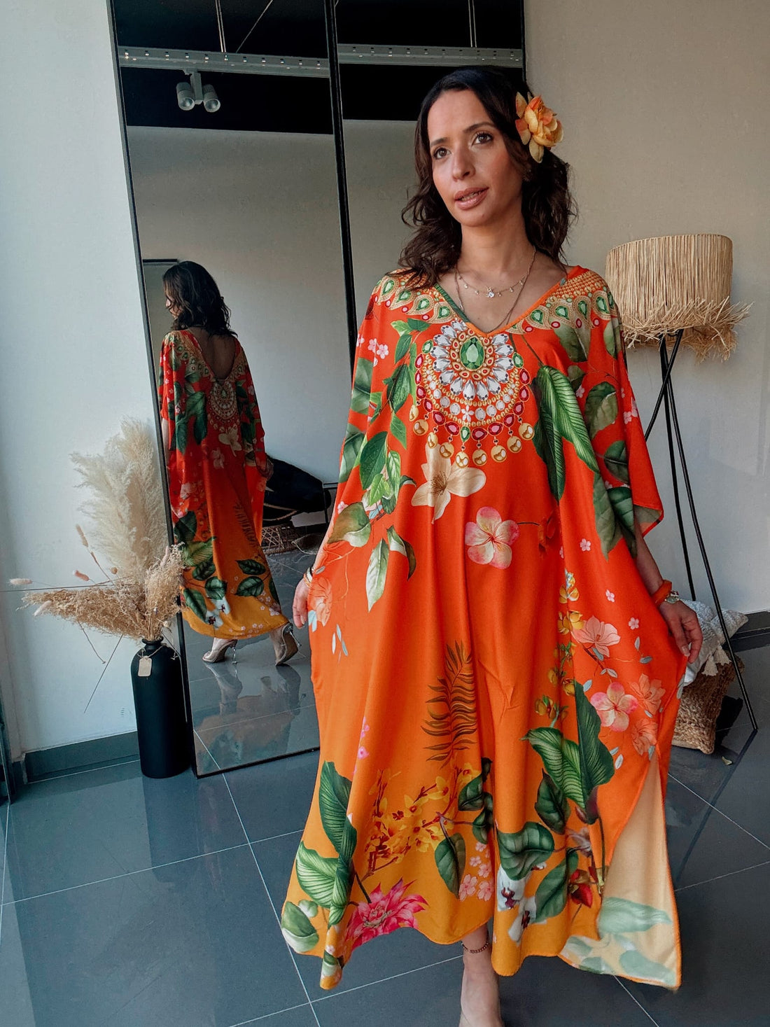 Robe Kaftan Oversize Tropicale Orange Bijoux & Fleurs