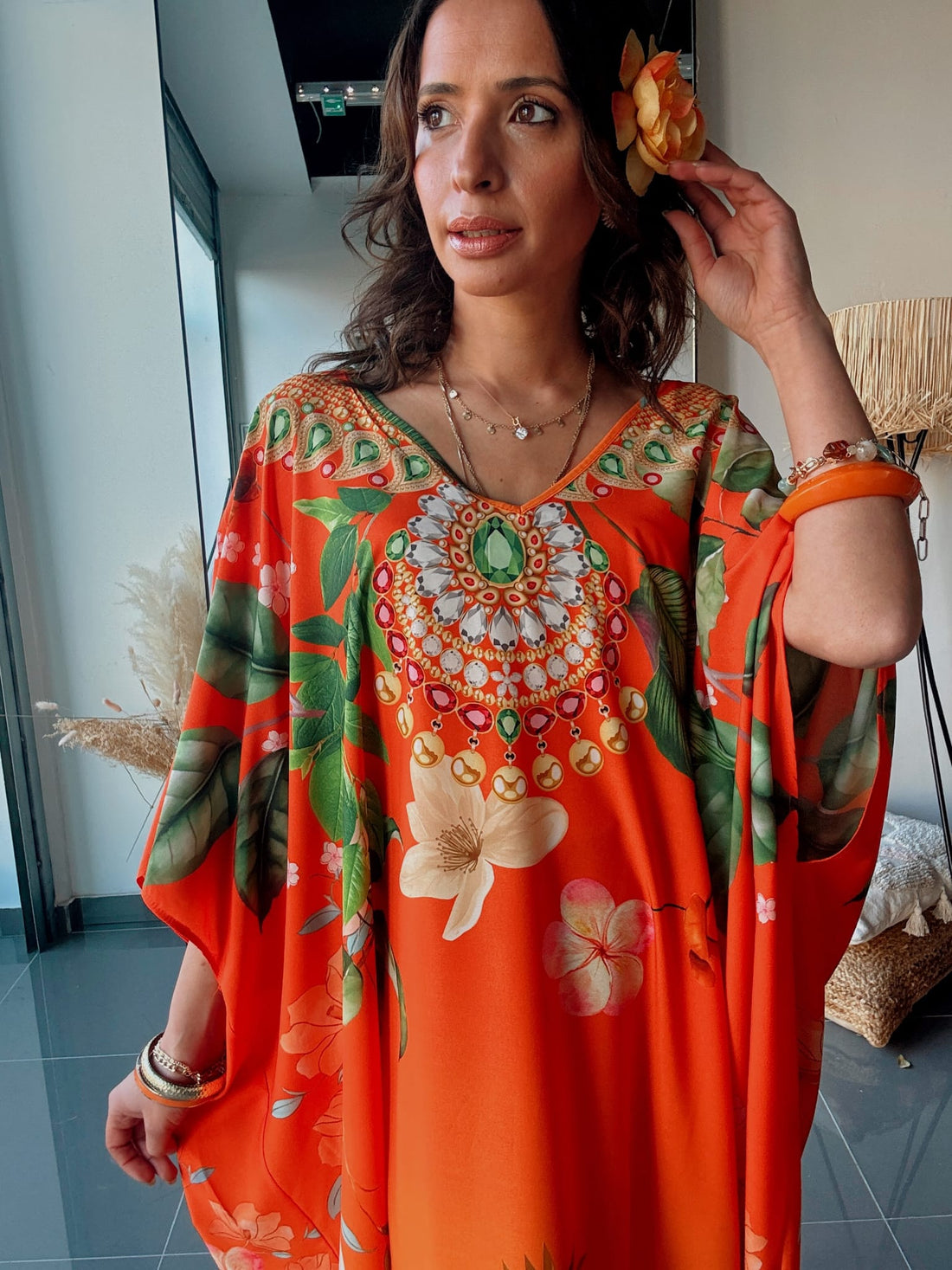 Robe Kaftan Oversize Tropicale Orange Bijoux & Fleurs