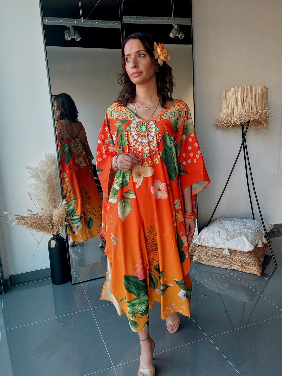 Robe Kaftan Oversize Tropicale Orange Bijoux & Fleurs