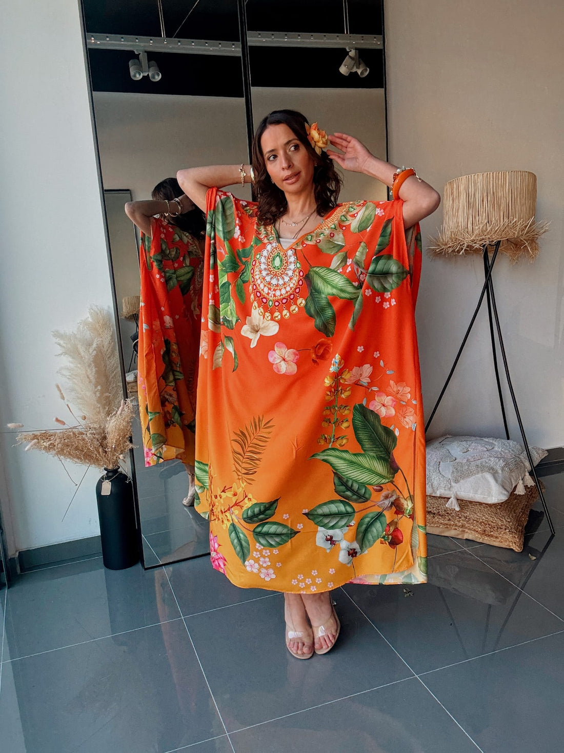 Robe Kaftan Oversize Tropicale Orange Bijoux & Fleurs