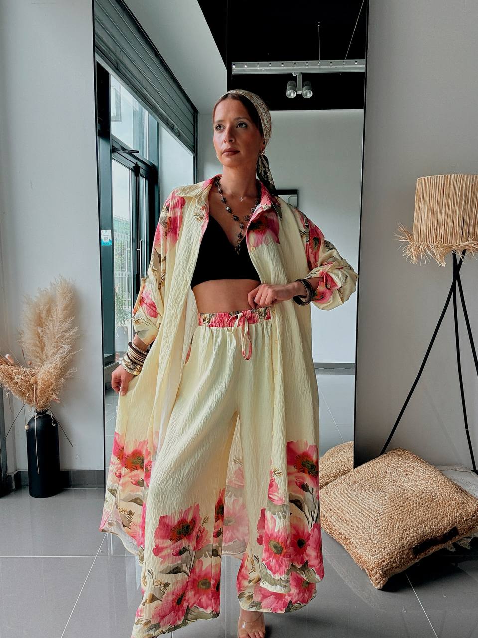 Ensemble Bohème Floral Jaune – Chemise Longue & Pantalon Palazzo - Fenomen Paris