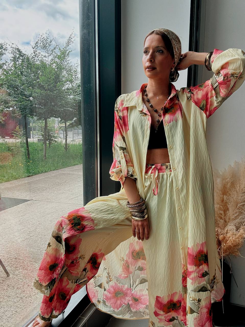 Ensemble Bohème Floral Jaune – Chemise Longue & Pantalon Palazzo - Fenomen Paris