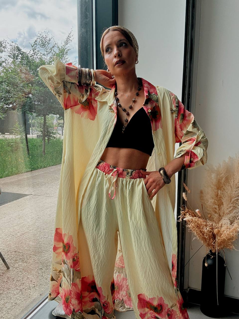 Ensemble Bohème Floral Jaune – Chemise Longue & Pantalon Palazzo - Fenomen Paris