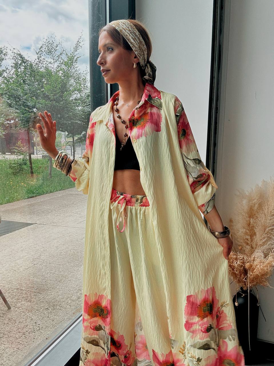 Ensemble Bohème Floral Jaune – Chemise Longue & Pantalon Palazzo - Fenomen Paris