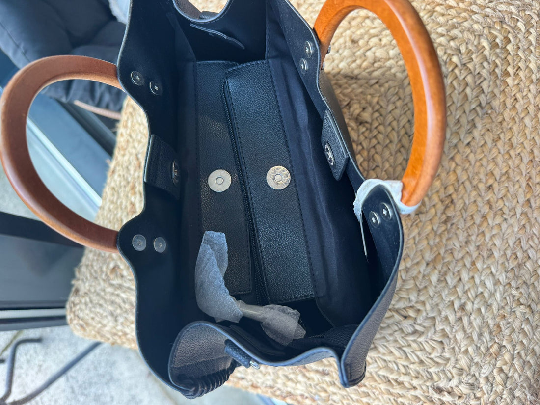 Sac cabas noir à anses rondes effet bois