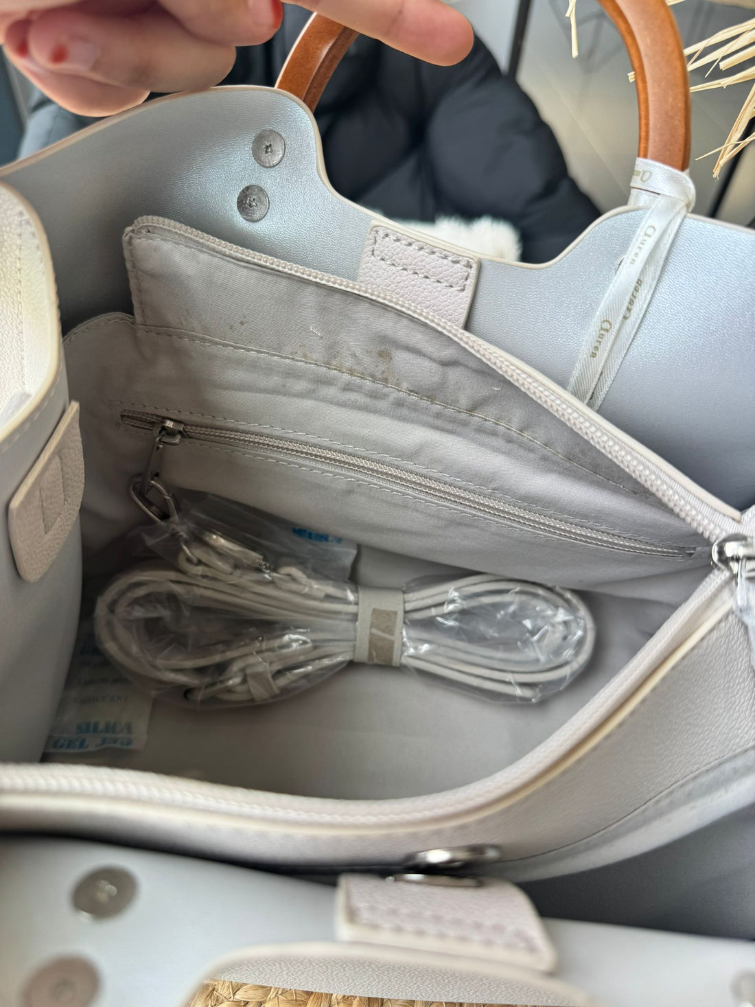 Sac cabas beige à anses rondes effet bois