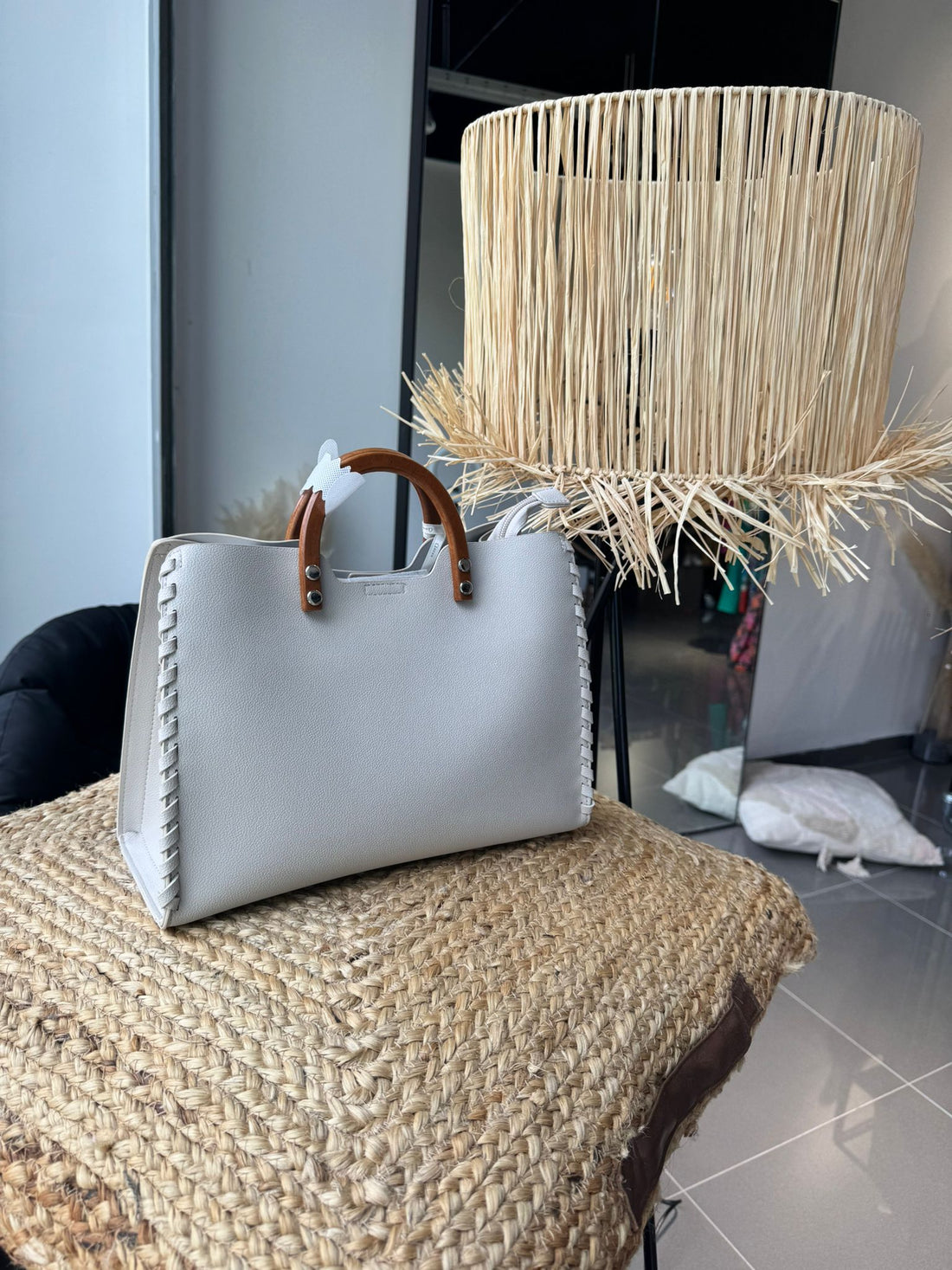 Sac cabas beige à anses rondes effet bois