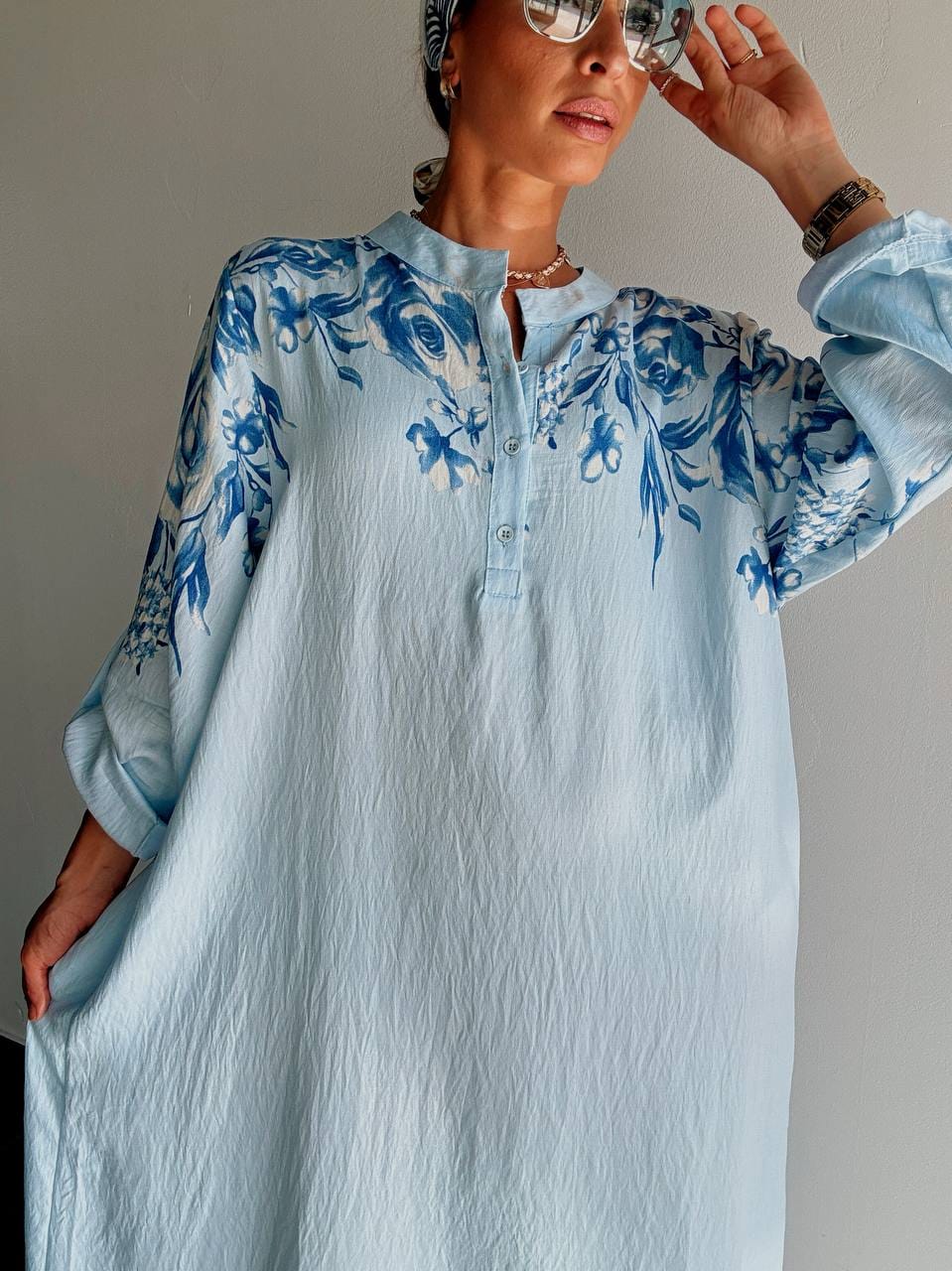 Robe Longue Fluide à Imprimé Floral Bleu