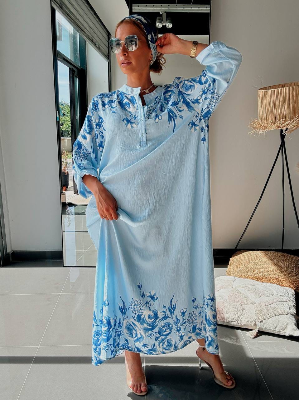 Robe Longue Fluide à Imprimé Floral Bleu