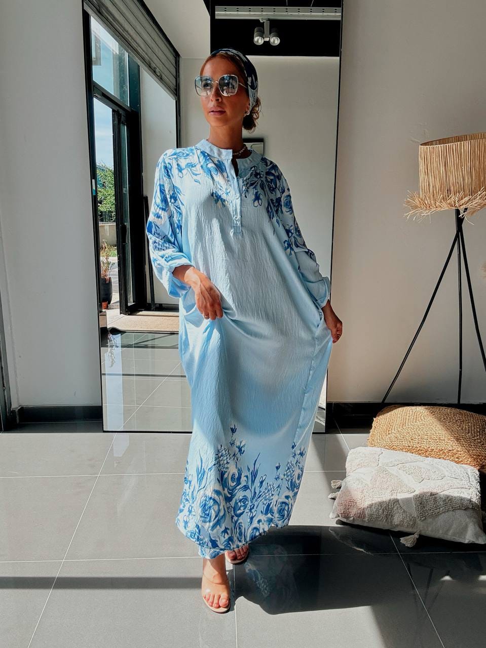 Robe Longue Fluide à Imprimé Floral Bleu