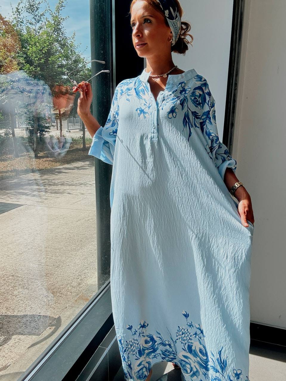 Robe Longue Fluide à Imprimé Floral Bleu