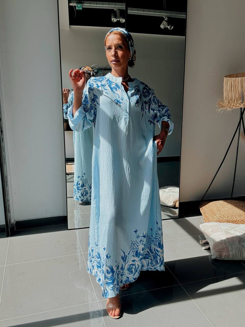 Robe Longue Fluide à Imprimé Floral Bleu