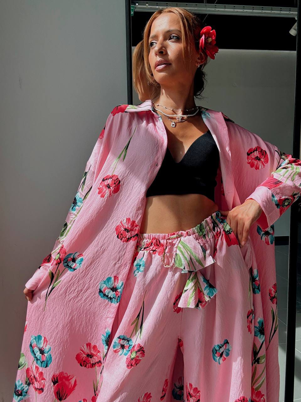 Ensemble Chemise Longue & Pantalon Fluide Imprimé Coquelicots Rose