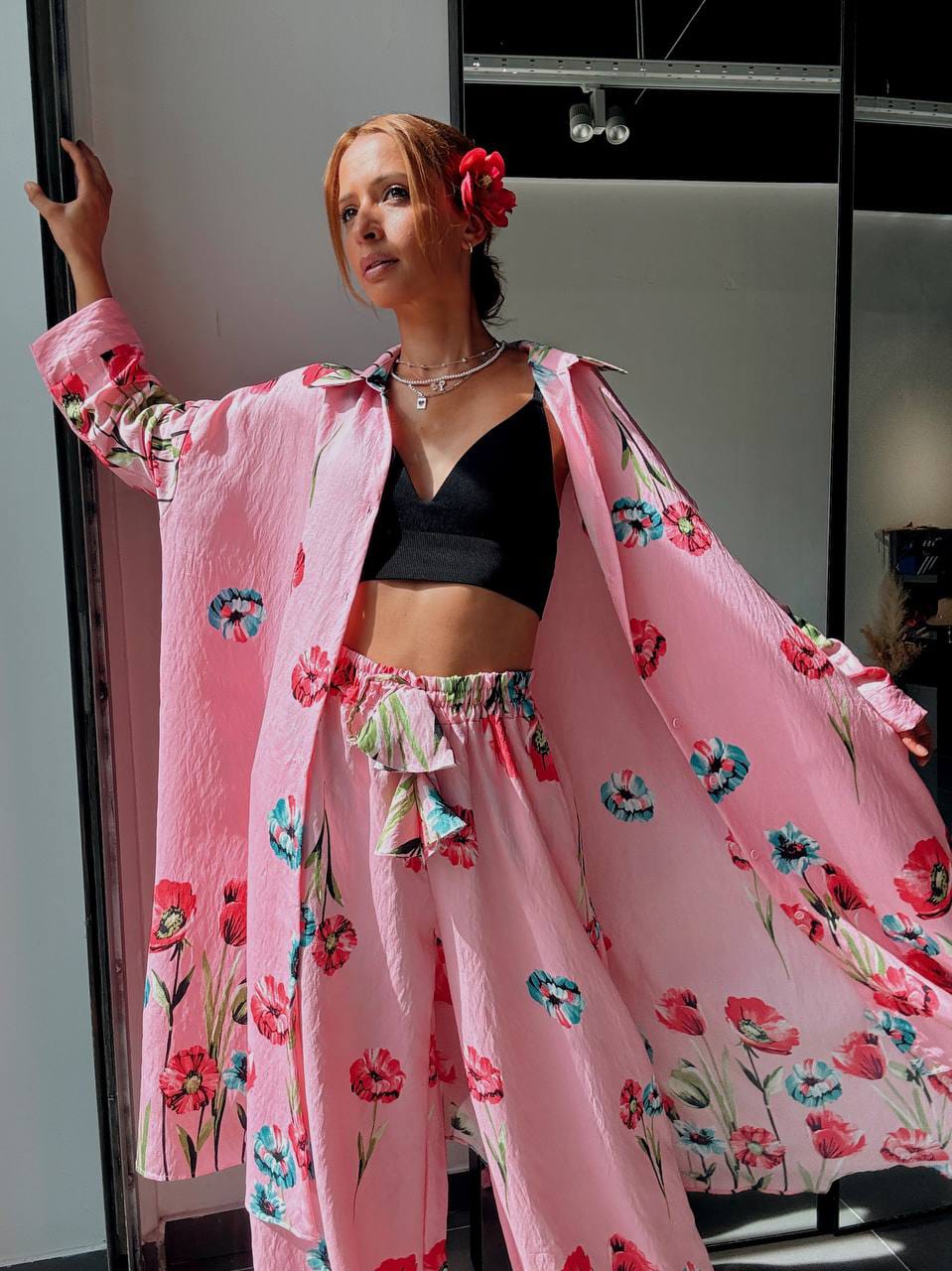 Ensemble Chemise Longue & Pantalon Fluide Imprimé Coquelicots Rose