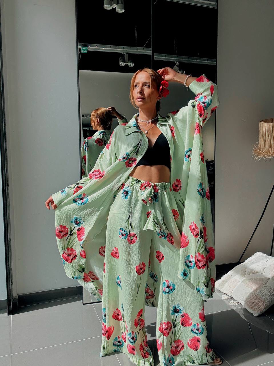 Ensemble Chemise Longue & Pantalon Fluide à Imprimé Coquelicots – Vert Amande