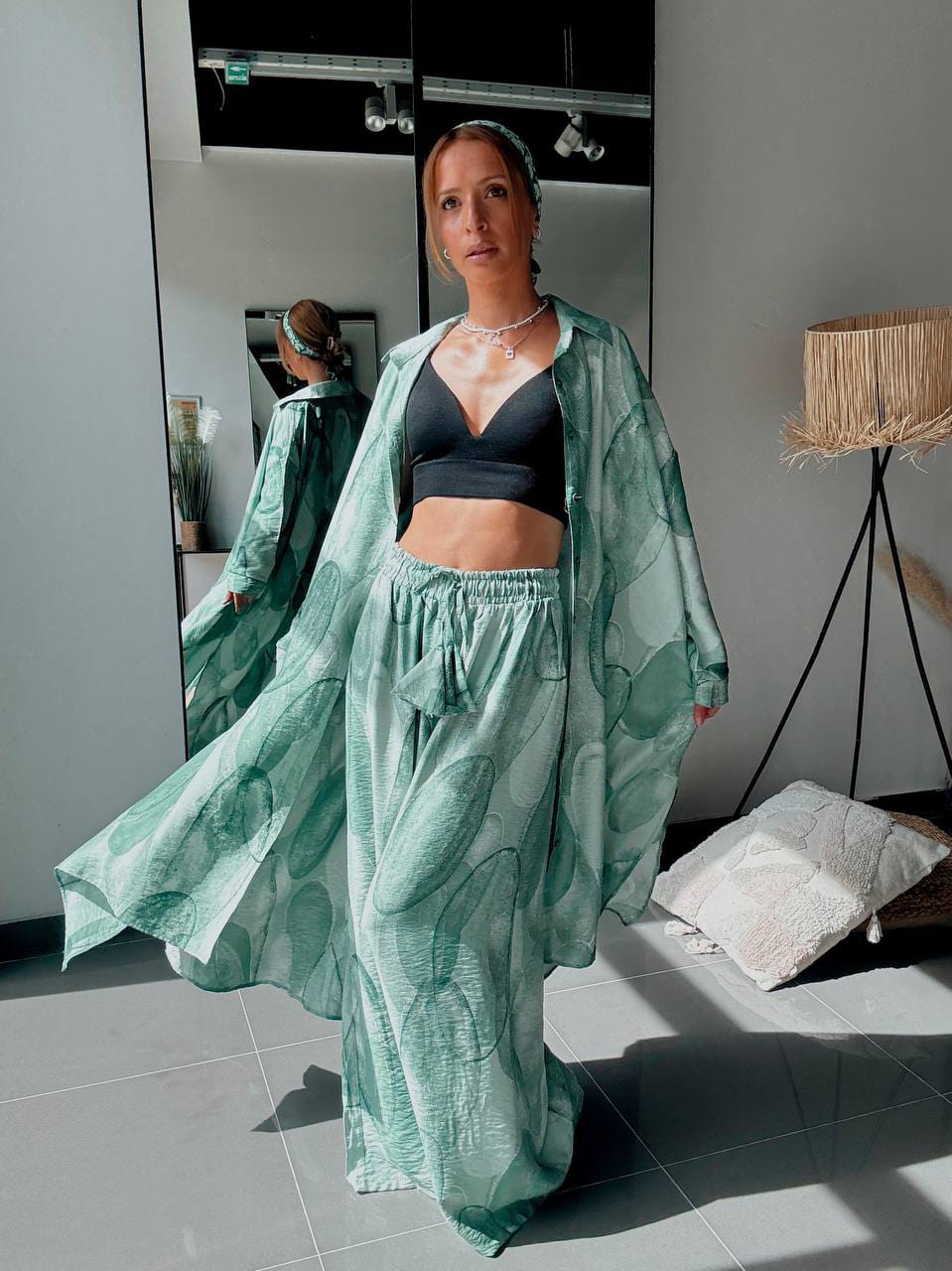 Ensemble Chemise Longue & Pantalon Fluide Imprimé Graphique Vert Sauge